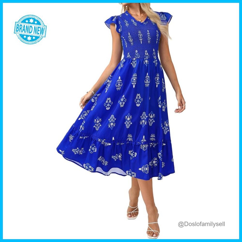 V-Neck Smocked Tiered Midi Dress Flutter Sleeves Elegant Wedding Guest Casual